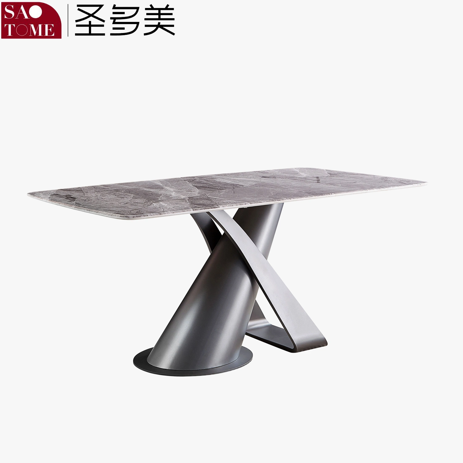 Mesa de jantar moderna com base em aço inoxidável e tampo de mármore/rocha.