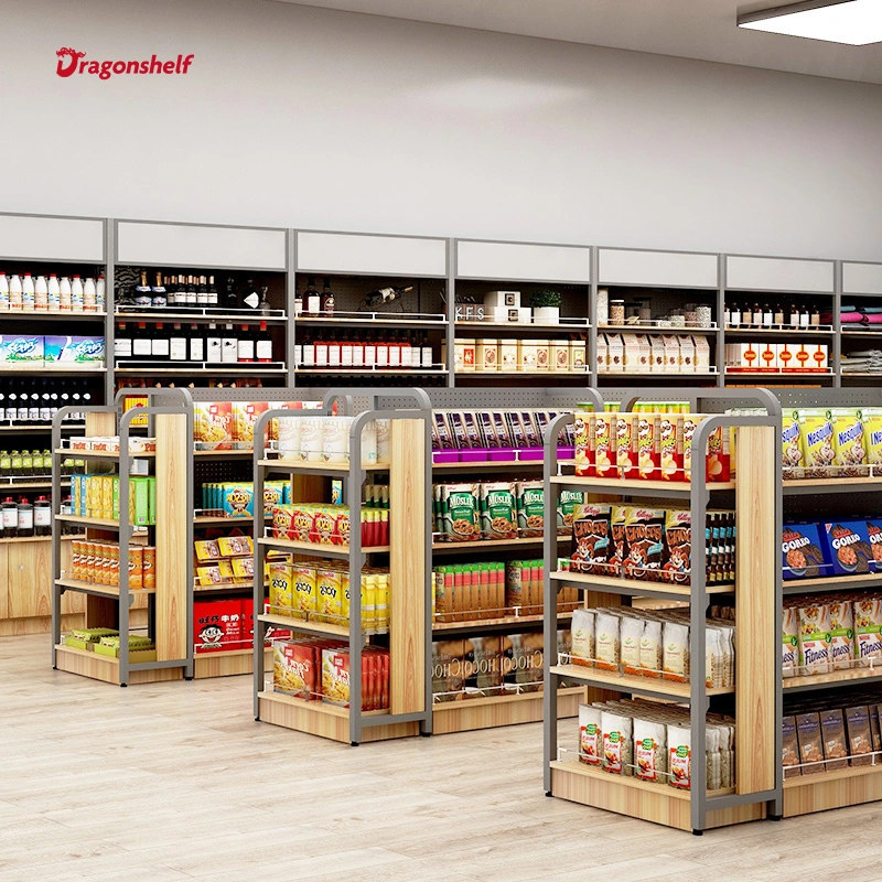 Dragonshelf Hot Sale Supermarket Shelves Steel Wood Shelves Retail Display Gondola Shelving