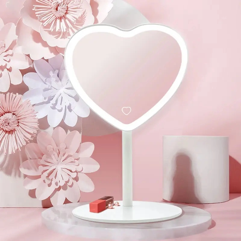 Wholesale/Supplier Custom Logo Heart Shaped Pink Mirror Detachable Charging Beauty LED Travel Makeup Vanity Mirror with Light