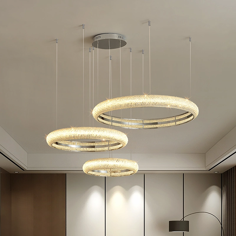 2022 Modern Round Circle Silver Metal Luxury Crystal Ceiling Chandeliers LED Nordic Pendant Lights