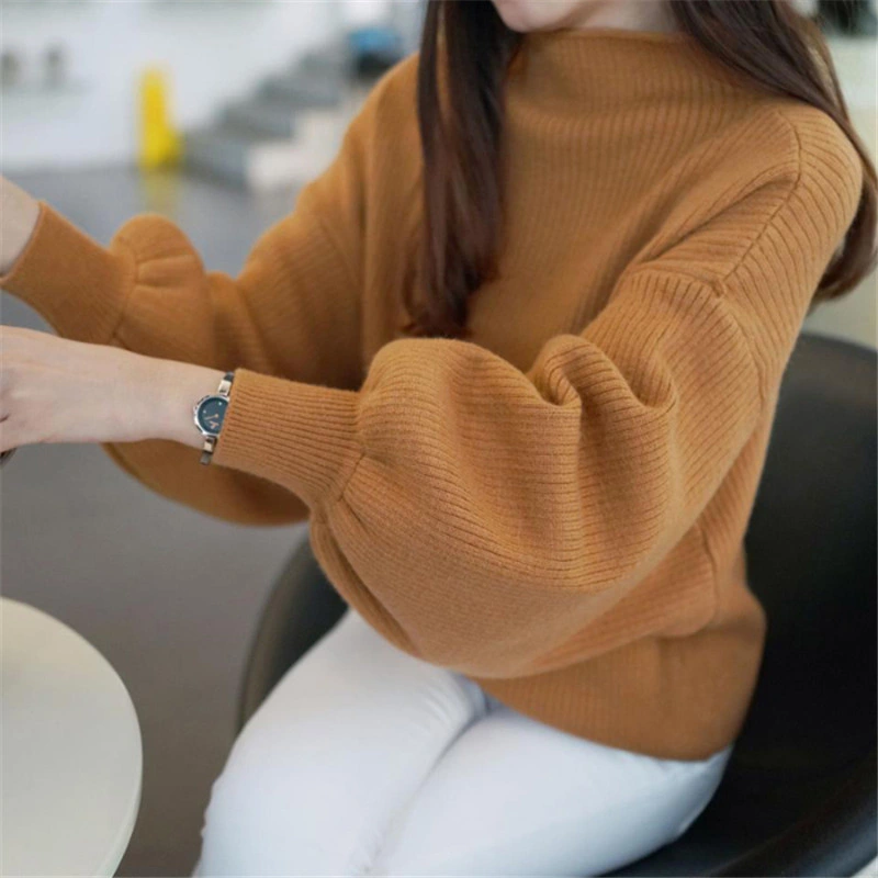 Lantern Sleeve Garment Autumn New Half Turtleneck Solid Color Sweater Female Knitted Pullover Short Style Leggings