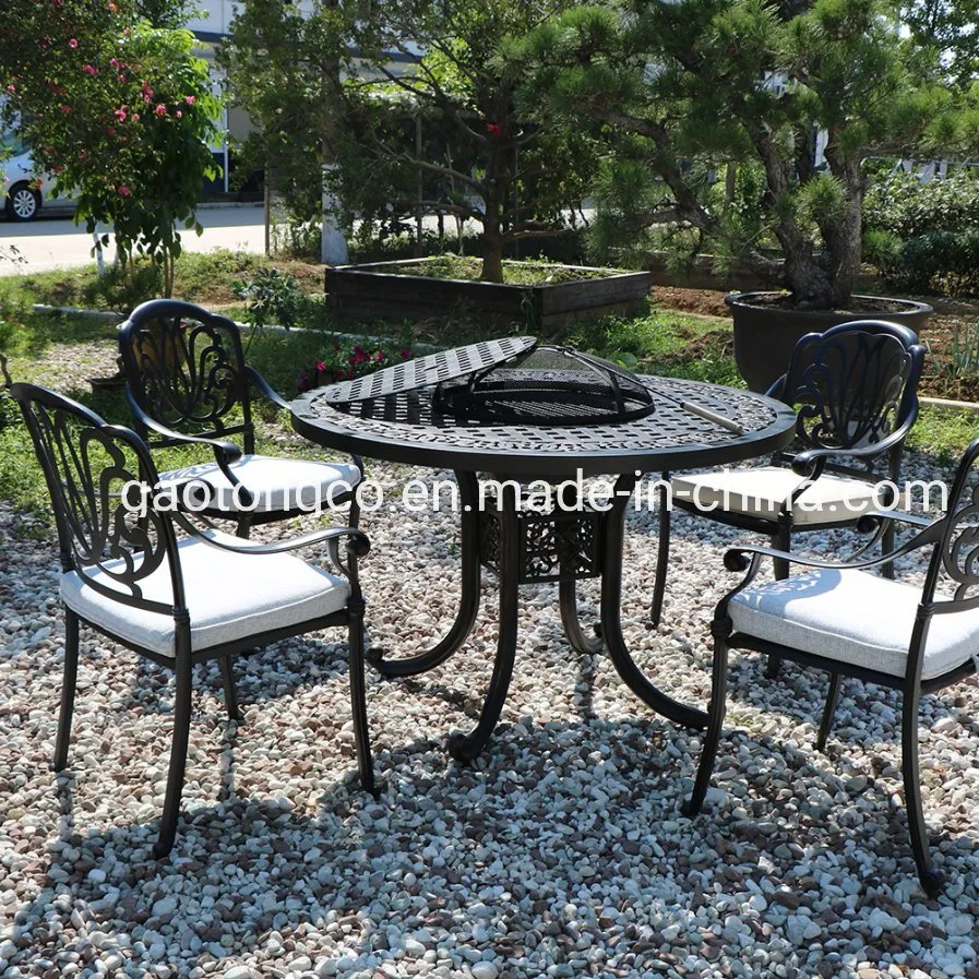 Todos los muebles de jardín de aluminio fundido para exteriores en negro, juego de mesa de barbacoa de 5 piezas