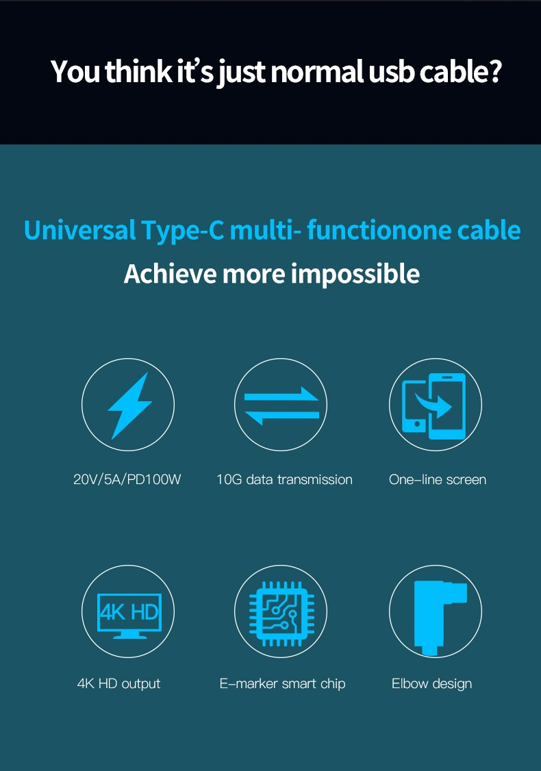 كبل شحن USB 3.2 Gen 2 Right Angle USB C دعم 5 أمبير 100 واط للشحن السريع والصوت فيديو 4K 60 هرتز الإخراج