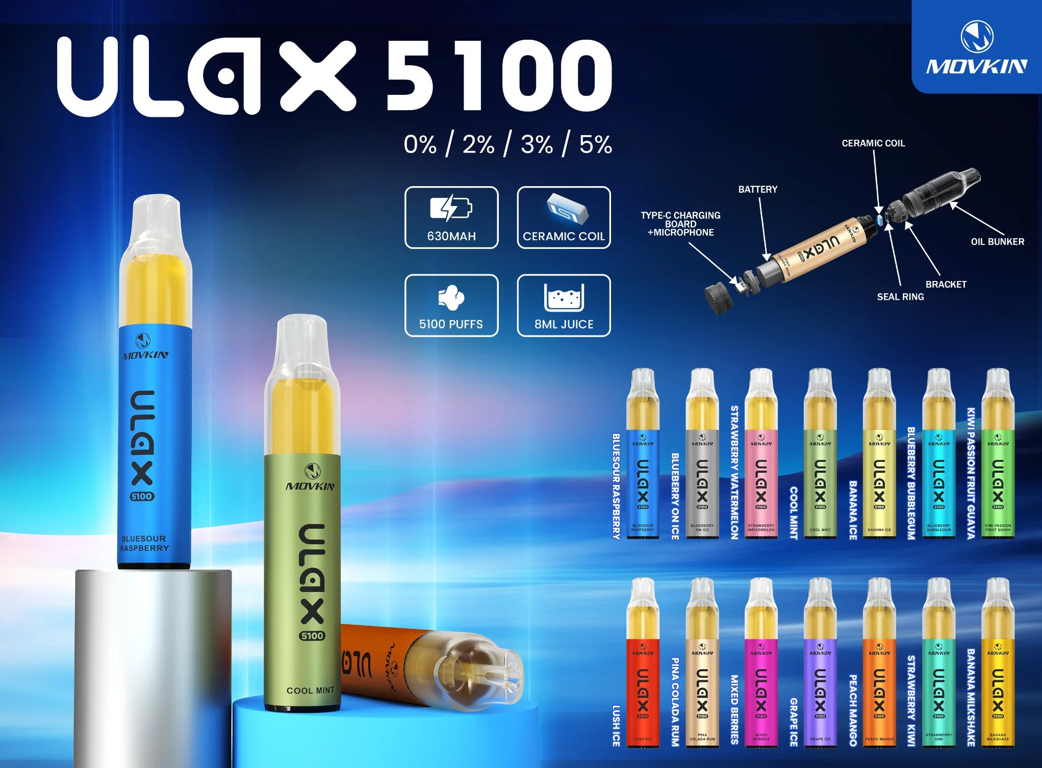 Glowing RGB E-Cigarette Movkin Ulax 5100 Puffs Original Fumot Ceramic Coil Rechargeable Battery Disposable Vape