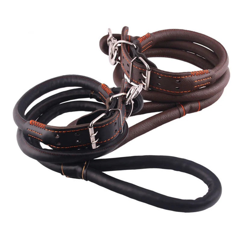 Cuero de gama alta Pet Dog Leah Rope Gato Collar Perro grande Traje de Leash cuello redondo cuello de animal