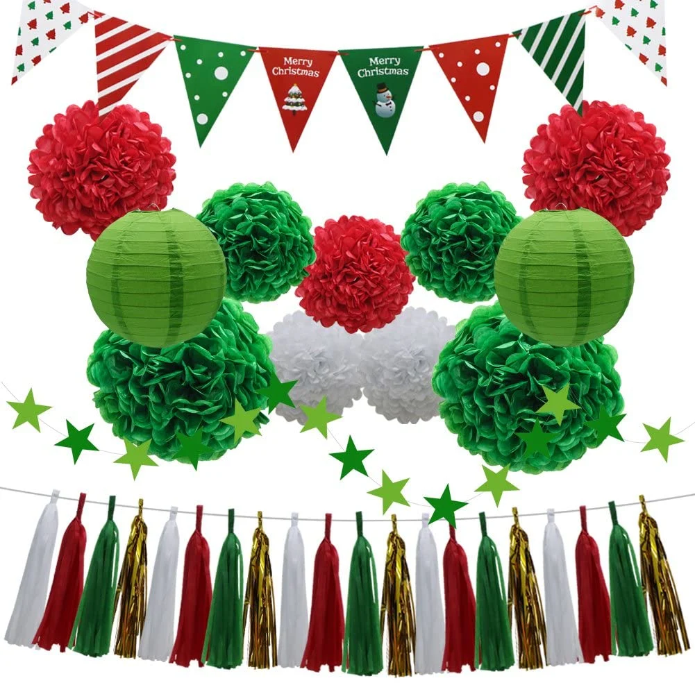 Weihnachtsfeier Dekorationen Papierlaternen Quasten Hängende Girlande Banner Gewebe POM Poms Blumen Dreieck Sets