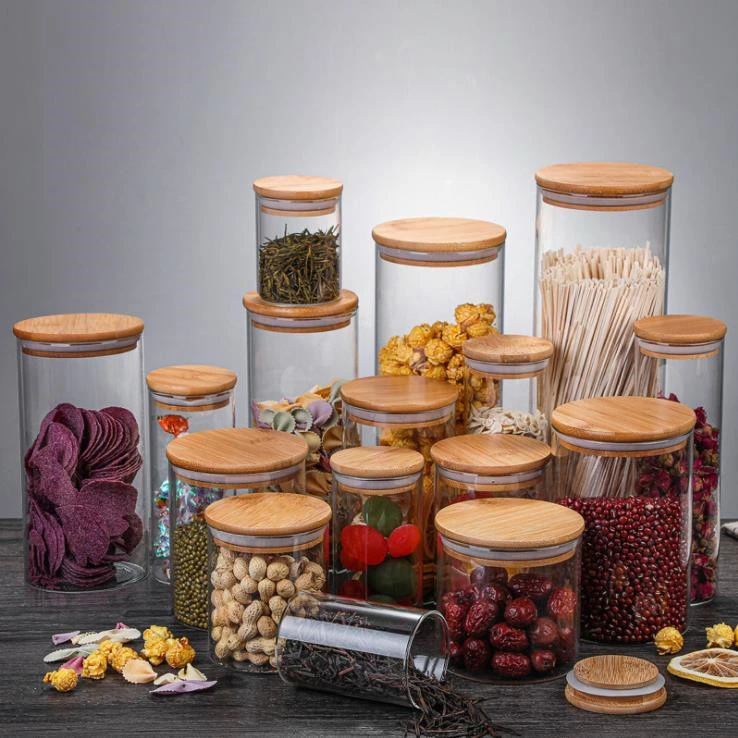Borosilicato vidrio botella Candy vidrio Utensilios de cocina recipiente de comida vaso Jar Con tapa de bambú