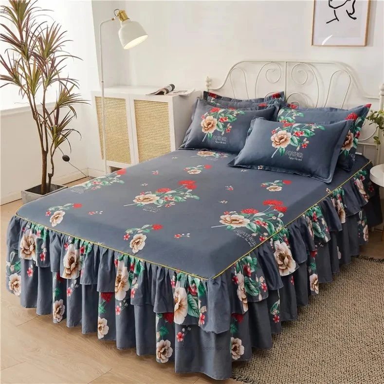 100% Cotton Korean Style Girl Heart Bed Skirt Quilt Cover Four Piece Set Bedding