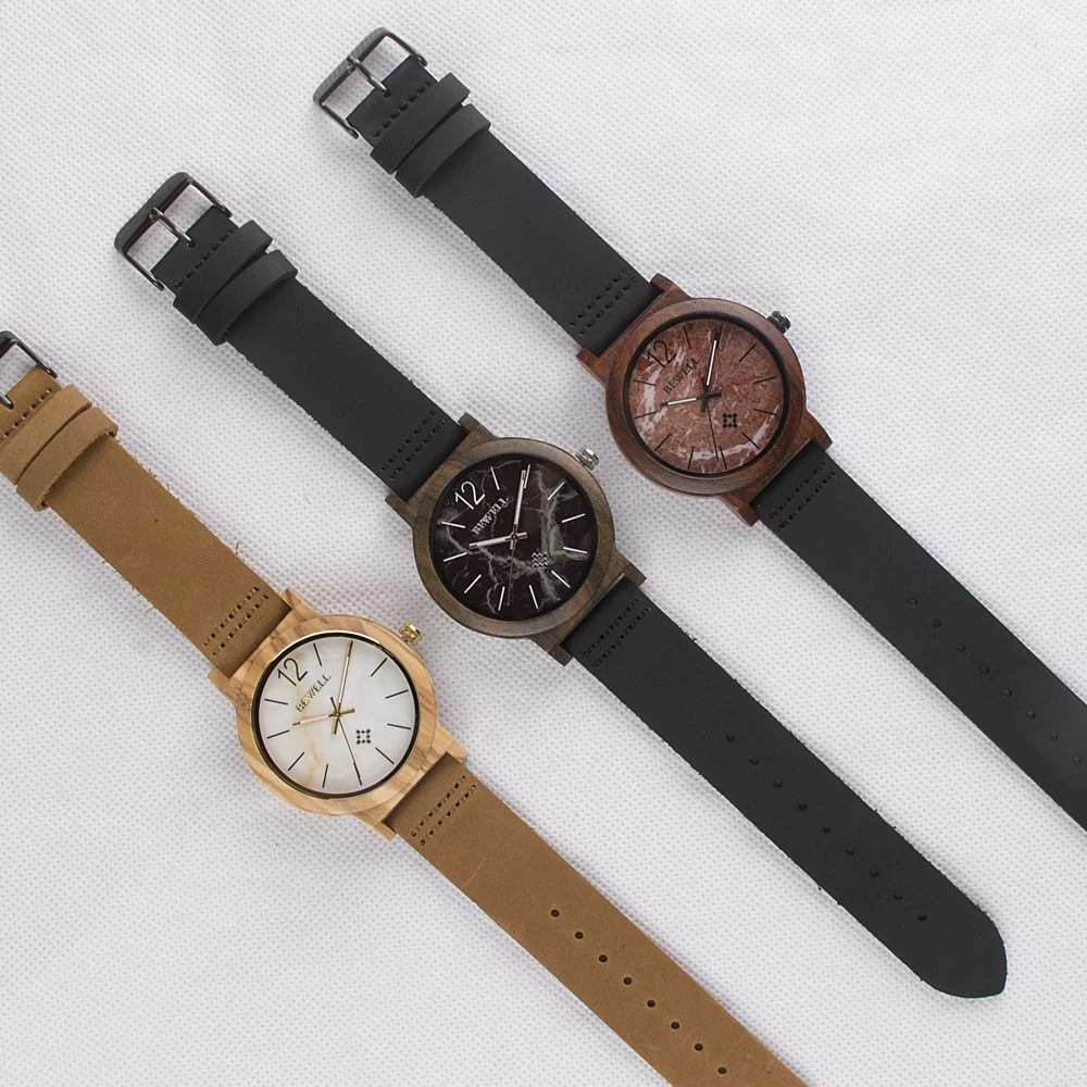 Cadran en marbre, bracelet en cuir, boîtier en bois, montre Bewell.