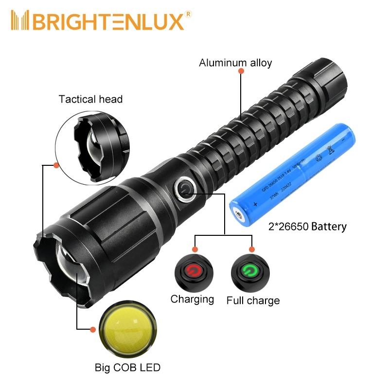 Brightenlux 2022 New Best Tactical USB COB LED 10000 Lumen High Power Rechargeable Flashlight with Power Bank