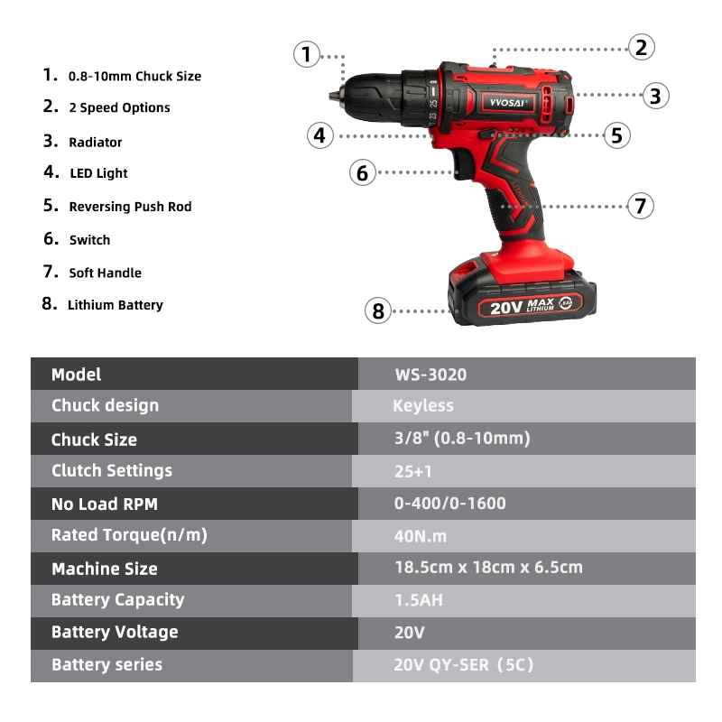 Set Modern Vvosai 20V batería de carga portátil taladro eléctrico