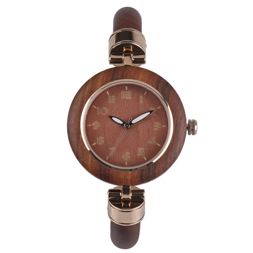 Round Shape Wood Bezel Quartz Watch Women Special Design Private Label Logo Watch for Ladies