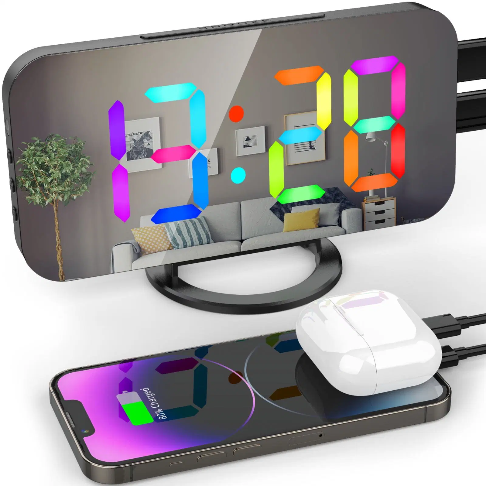 2023 New RGB Multicolor Digital LED Mirror Clocks Modern Desk Clock