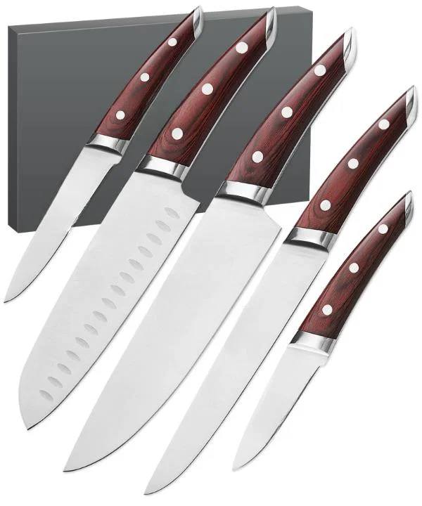 5 PCS Chef-Knife definir com Red-Pakkawood-Handle Ergonomic-Design Professional Ultra-Sharp Kitchen-Knives High-Carbon-Stainless-Steel Japonês