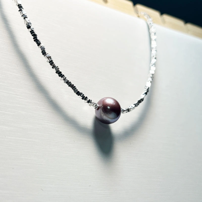 Burst Broken Silver Necklace 10-11mm Fresh Water Purple Pearl Necklace Small Collarbone Chain Jewelry (CF-PN-017)