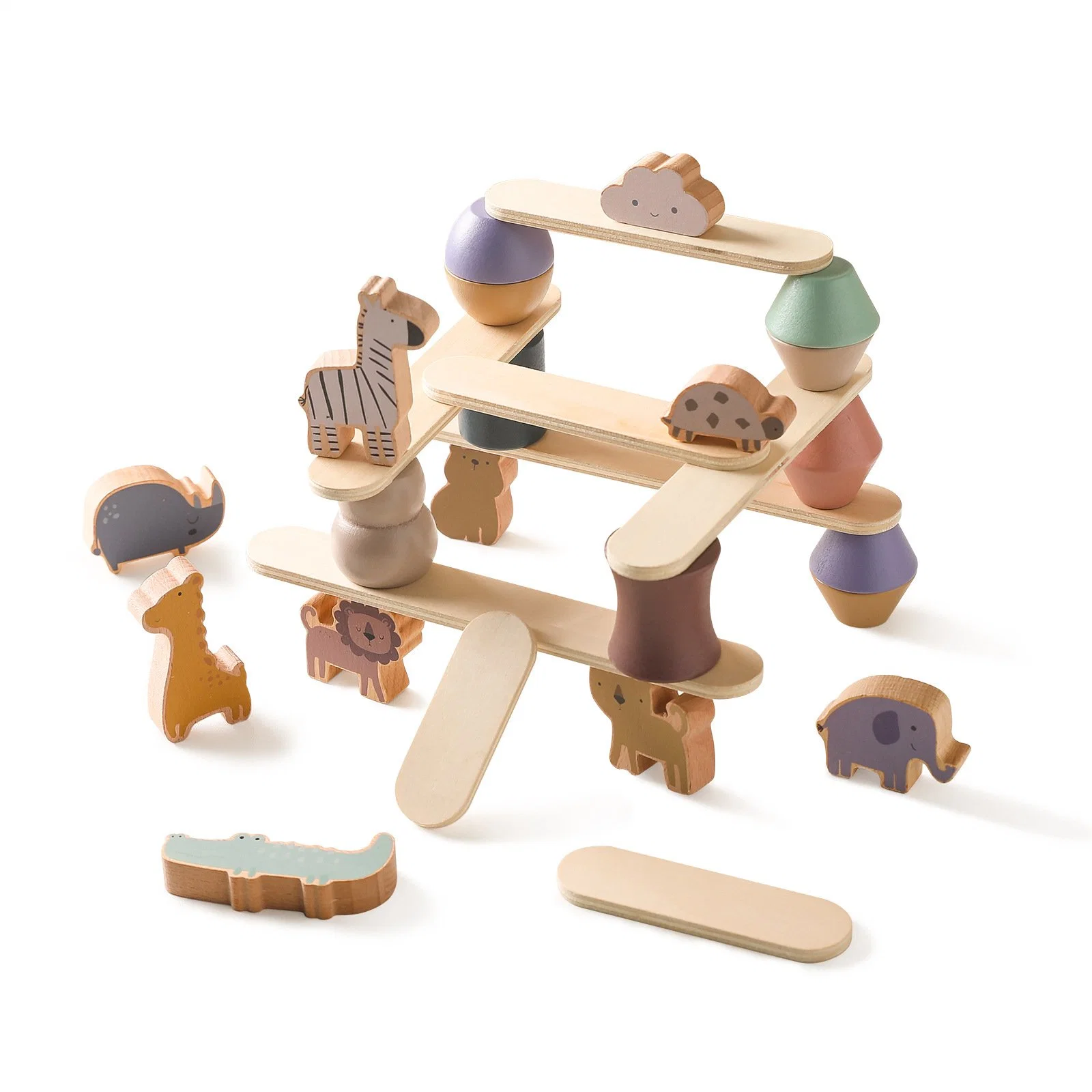 28PCS Wooden Stacking Animals Toys for Toddler Balancing Stacking Games