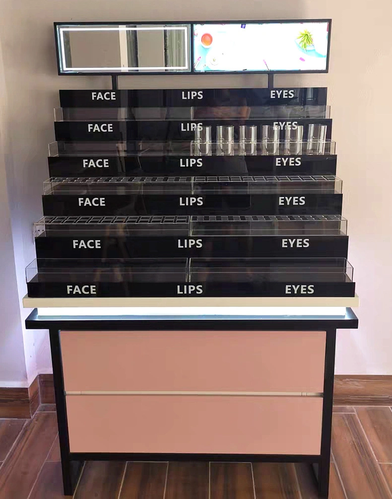 Kundenspezifischer Metall Kosmetik Make-up Display-Ständer mit Acryl-Storage-Grid Und Schrank