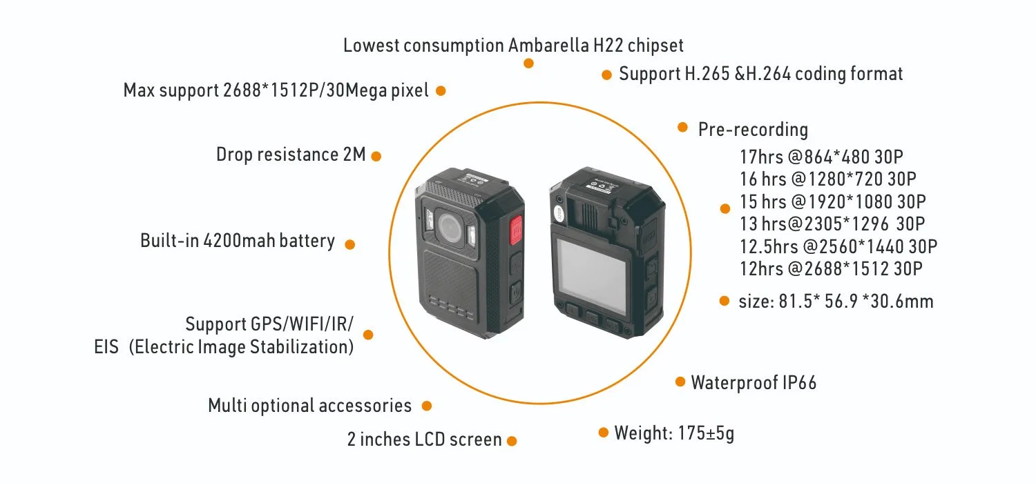 GPS, Waterproof IP66, Drop Resistance, IR Night Vision Body Camera