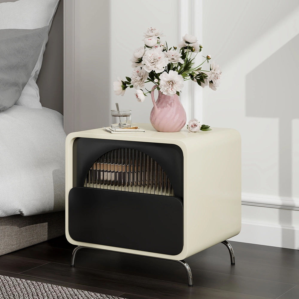 Modern Black and White Nightstand with Semi-Transparent Rainbow Glass Door Nightstand