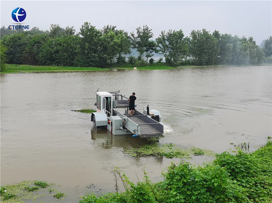 Bateau de la collecte des ordures de mauvaises herbes aquatiques nettoyant la jacinthe d eau de la récolteuse