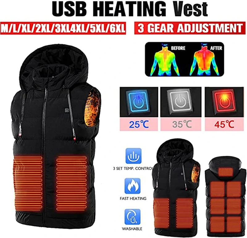 Fashion Electrical Heated Hooded Vest Winter Waterproof USB Sleeveless Heated Jackets