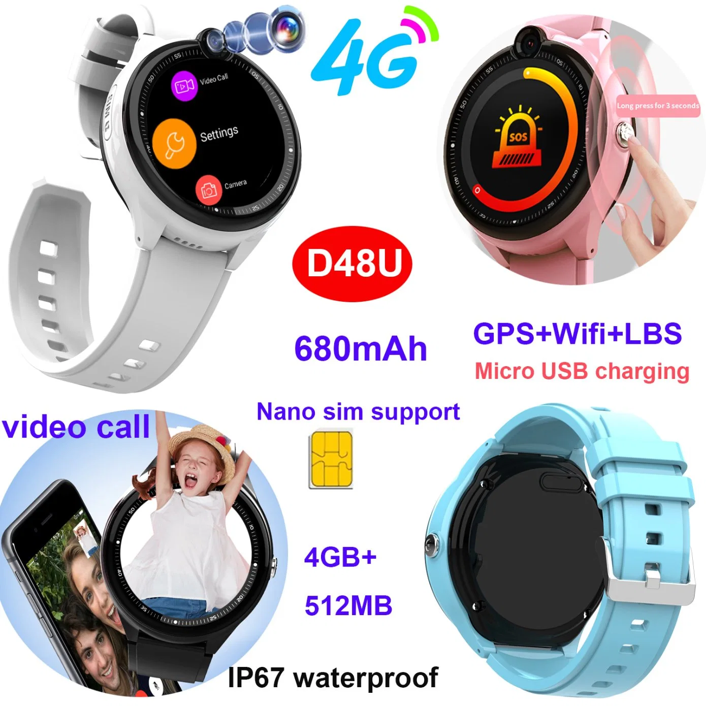 China fabricante IP67 impermeable 4G redondo Seguridad SOS Rastreo GPS Kids Smart Watch con videollamada monitorización en tiempo real de mapas de regalos D48U