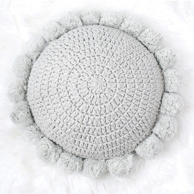 Coussin de tricot gris bleu uni Vintage Pad Vert 50x50cm Cute Pompom Coussin de balle doux pour un canapé-lit pépinière décoratif de chambre