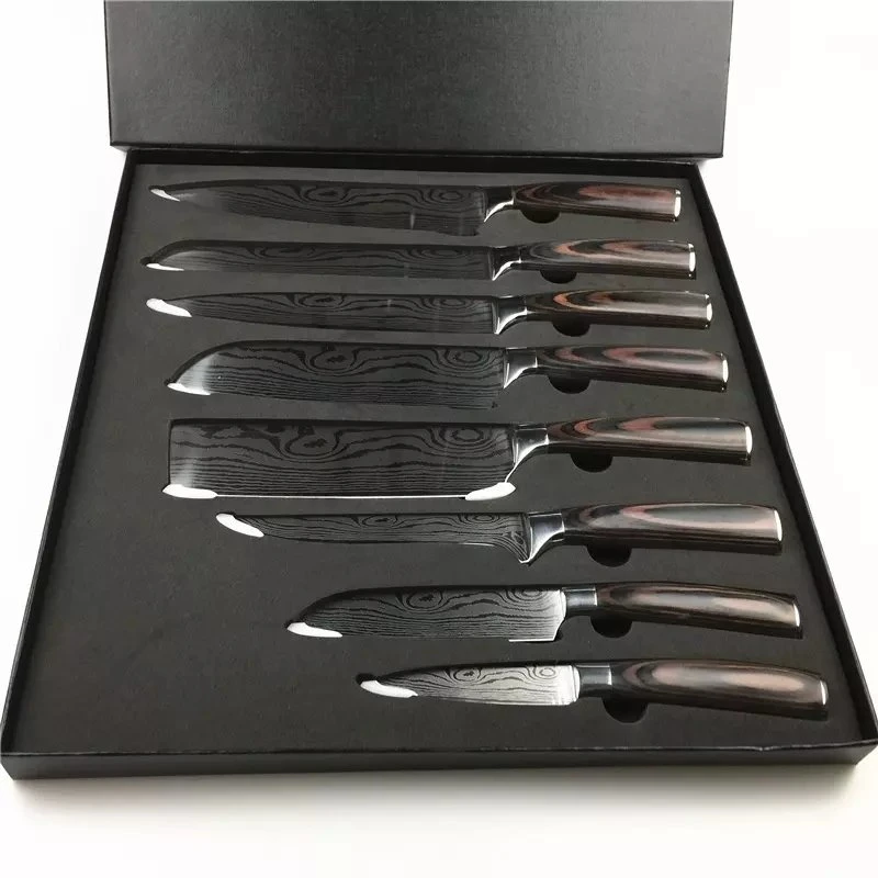 Professional multiuso 8 PC 8 pulgadas de la capa de 67 granos de Damasco caja japonesa Juego de cuchillos de chef de cocina en el cuadro de color negro magnético de regalo