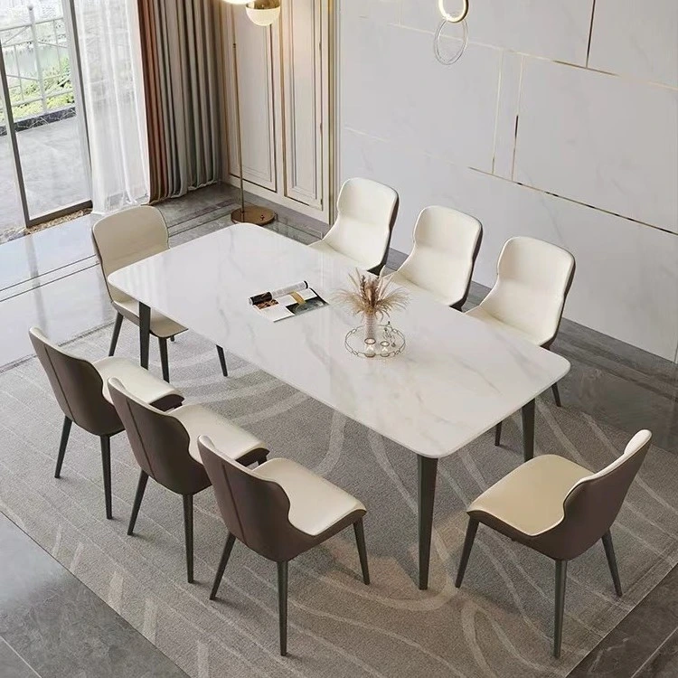 2023 New Rectangular Marble Top and Metal Leg Cheap Dining Furniture Restaurant Modern 6 Chairs Dining Table Set