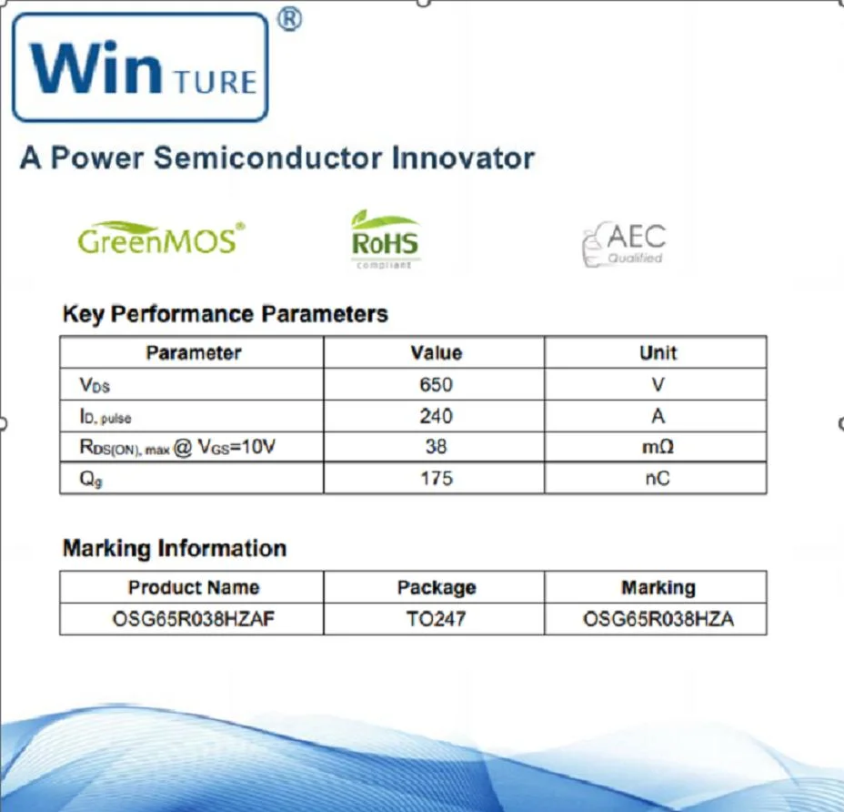 Carregador de carro RoHS Server Power Osg65r038hzaf To247 VDS 650V RDS38mΩ Díodo de recuperação rápida regulador de alta tensão MOSFET