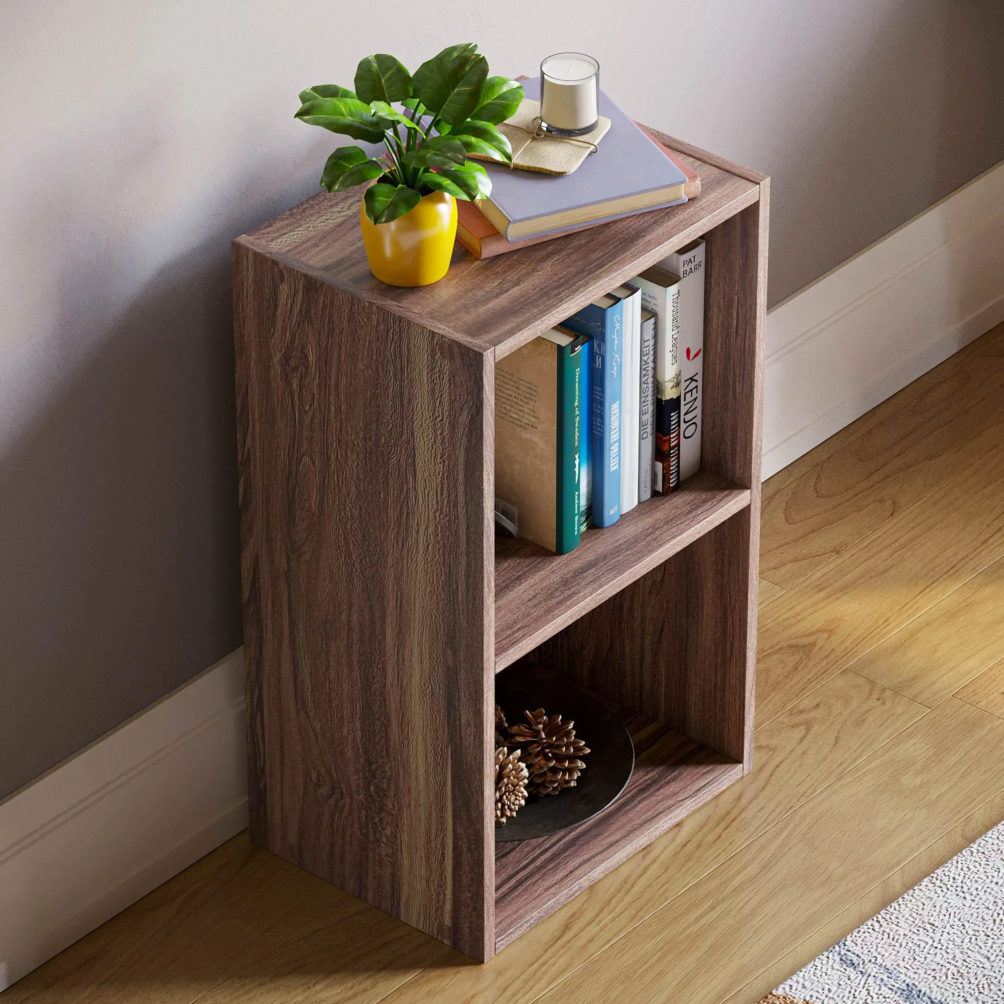 High quality/High cost performance  Industrial Modern Walnut 2 Tier Wooden Bookshelf with Storage Cabinet Bookcase in Living Room Bedroom Hallway Room Furniture