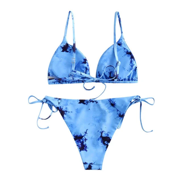 Women's Tie Dyed Print Design Lace up Triangular Bikini Set Two-Piece Swimsuit