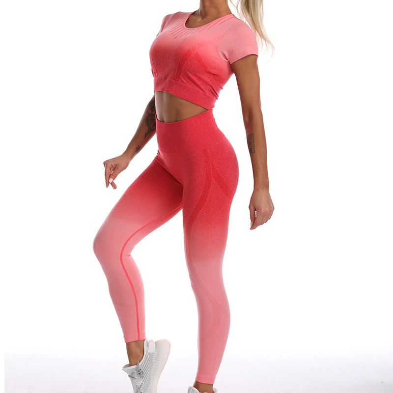 Hot Sexy Two Piece Fantastic Tennis Outfits Outdoor Sportswear for Women, Iridescent Seamless Gym Wear Short Sleeve Crop Top + Leggings Jogging Activewear