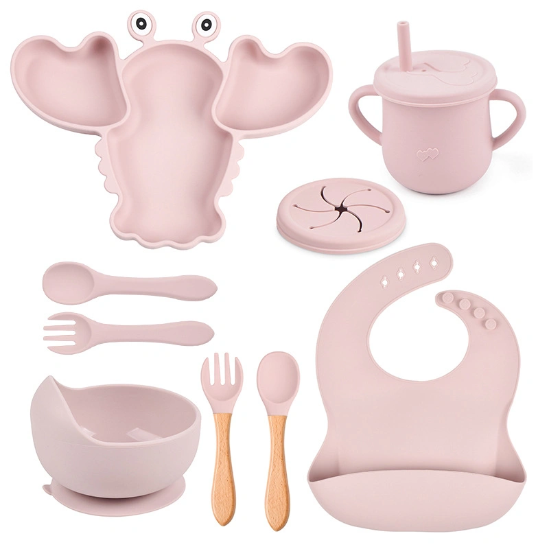 Food-Grade Silicone Baby Dinner Plate Baby Suction Cup Soft Spoon High-Temperature Resistant Water Cup Anti-Falling Bib Set FDA LFGB