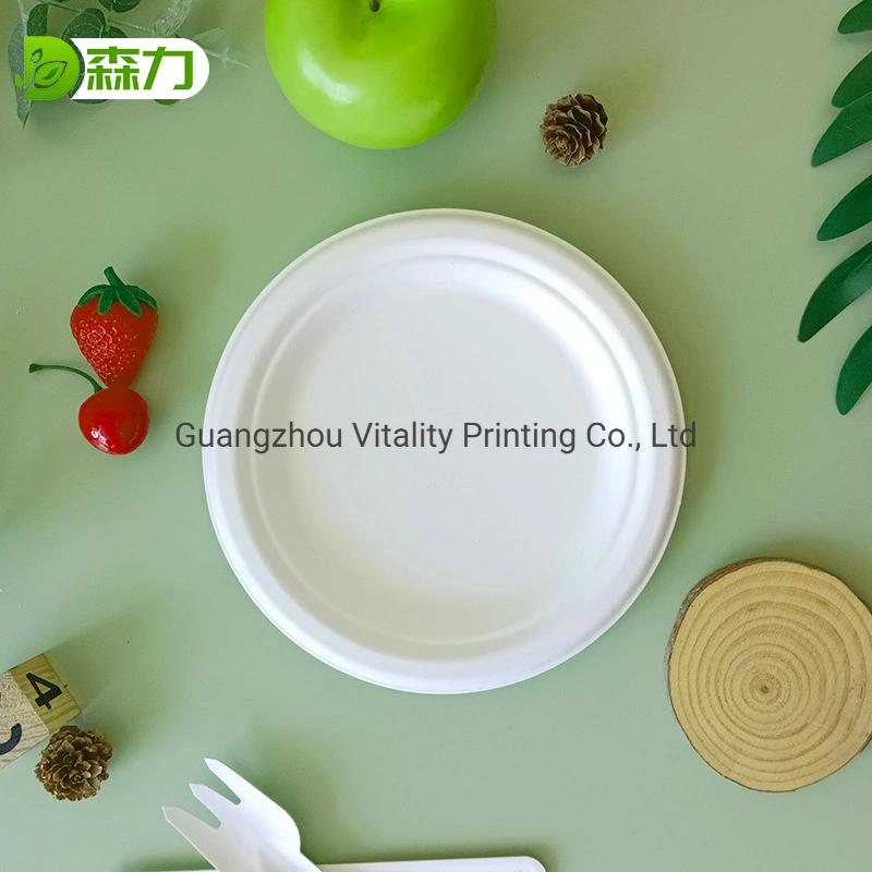 Disposable Biodegradable Sugarcane Pulp 12 Inch 3 Compartments Round Cake Plate Picnic Plate BBQ Tray