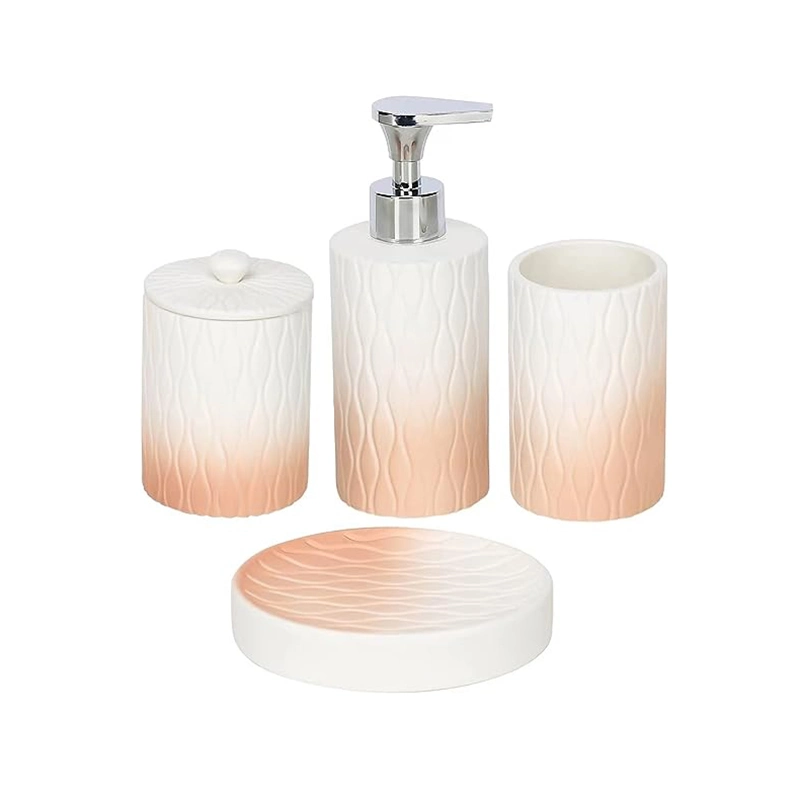 4 Piece Orange Modern Ceramic Hand-Carved Lines Bathroom Accessories Set for Hotel