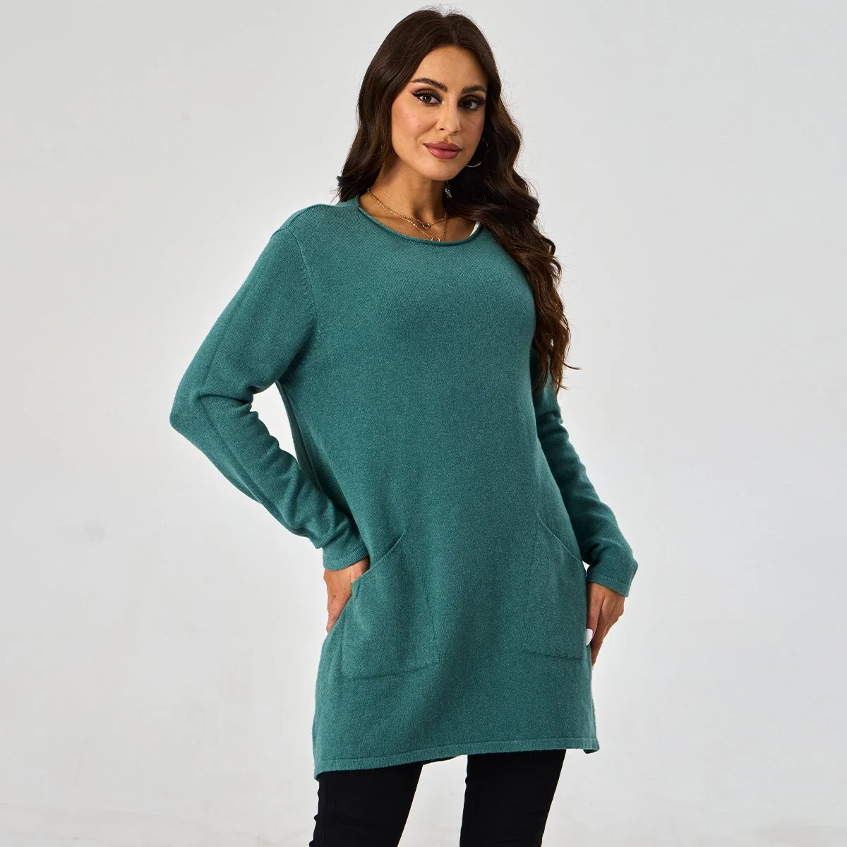 Custom Knitwear Round Neck Ribbed Pullover Pocket Patch Women Pullover Sweater