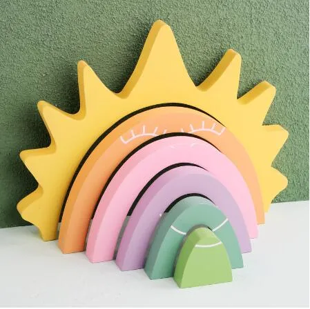 Hot Sale Toys Rainbow Building Blocks Funny Eco-Friendly Montessori Educational Wooden Stacking Bricks for Kids