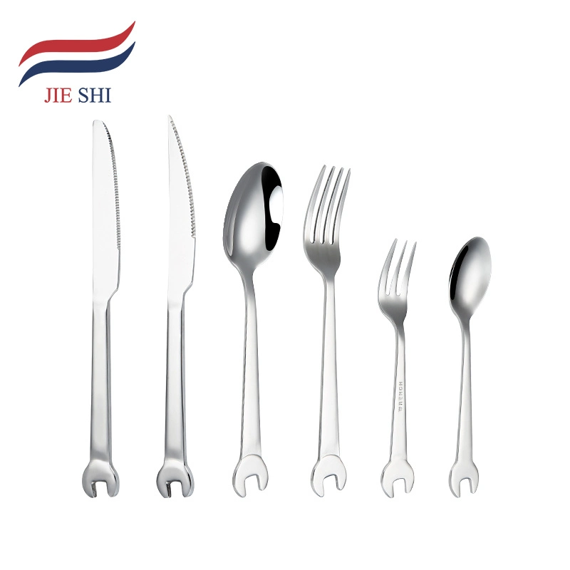 6-Pieces Mirror Dinnerware Silverware Tableware Set High Grade Dinner Set Wrench Shape Knife Spoon Fork 304 Stainless Steel Cutlery