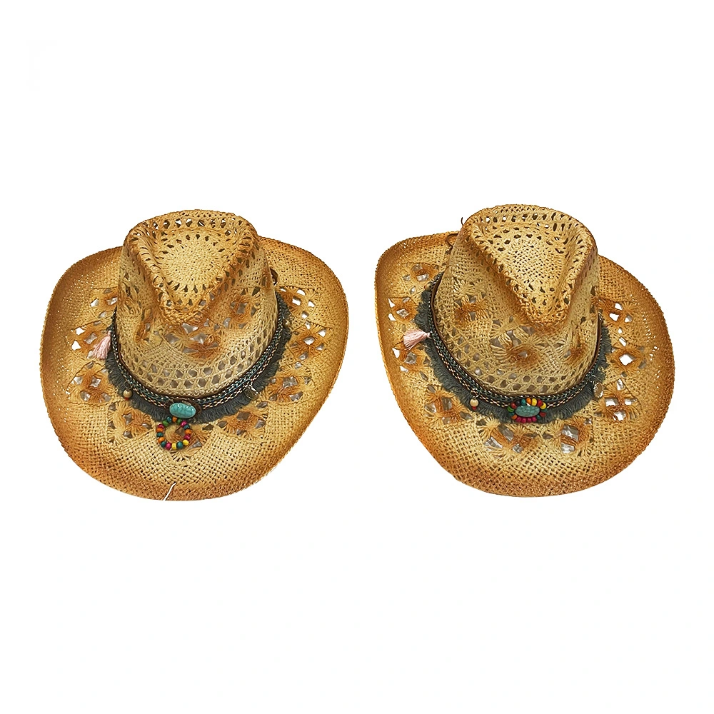 2023 Women and Men Hollow out Breathable Western Straw Hard Roll up Cowboy Hats with Gems