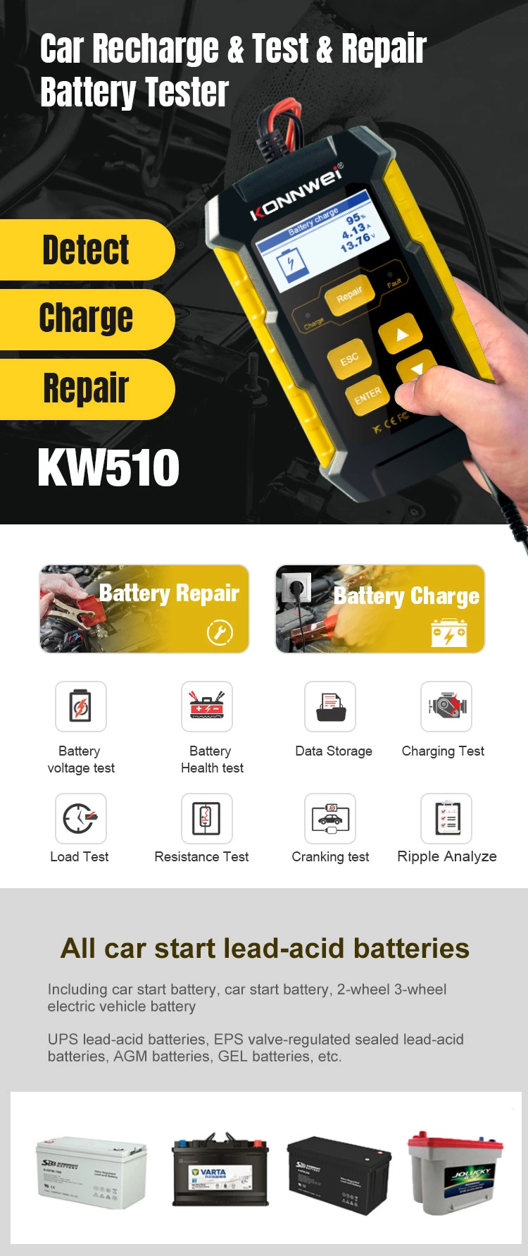 Kw510 Car Battery Tester with Repair and Charge Function