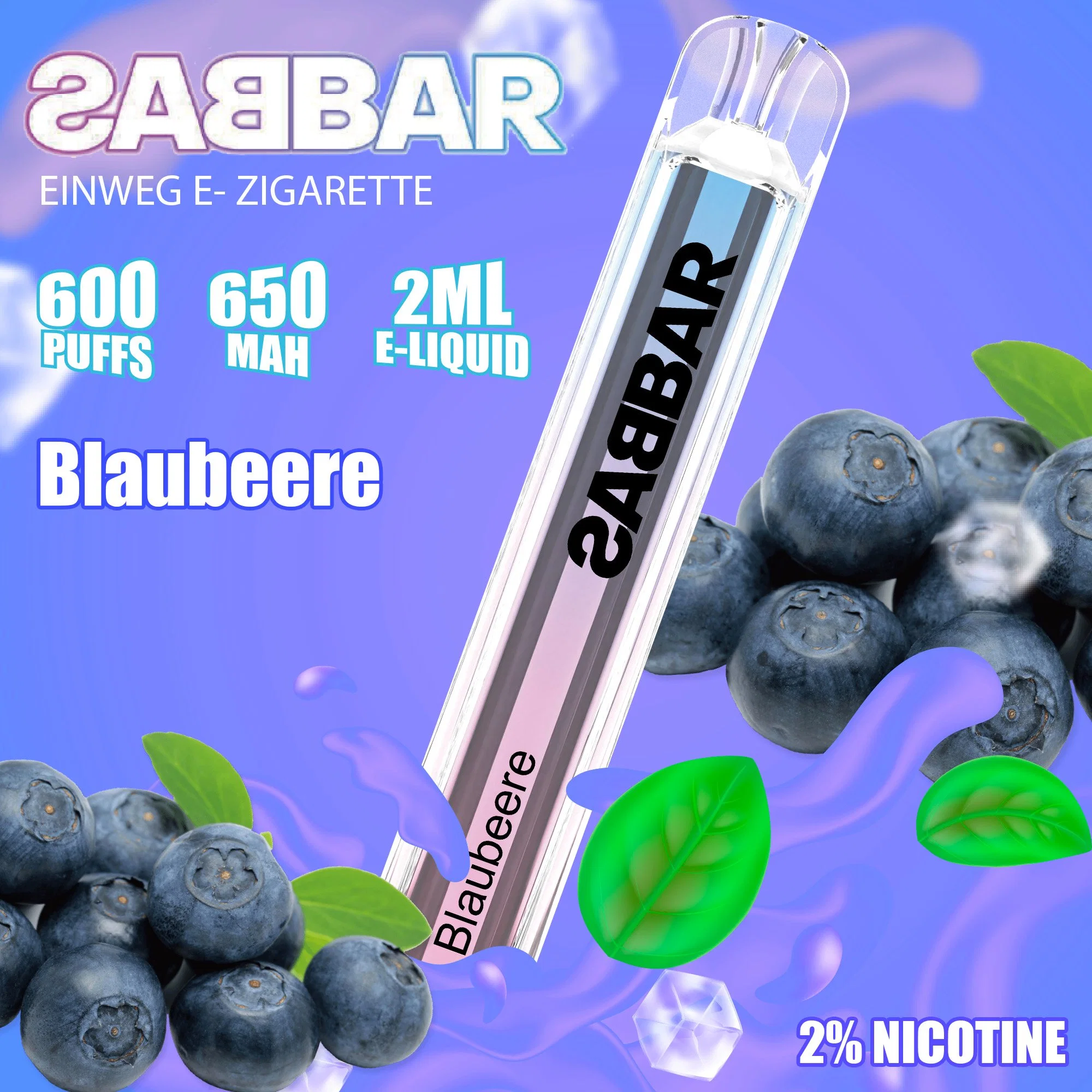 EU UK Crystal Bar Sabbar Bar 600puffs Disposable/Chargeable Vape Bar 2%Nic 2ml E Liquid 650mAh 10 Fruit Falvors