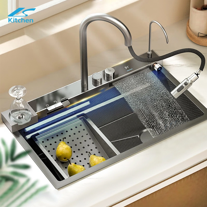 Integrated Digital Display Honeycomb Technology Stainless Steel Farmhouse Waterfall Kitchen Sink with Cup Washer