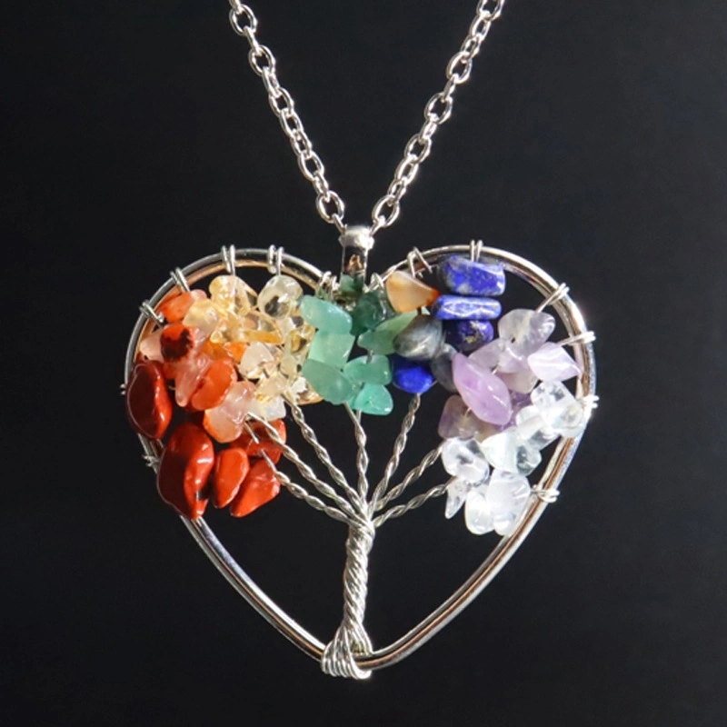 Natural Smooth Gemstone Seven Chakras Chips Tree of Life Healing Color Handmade Gravel Pendant