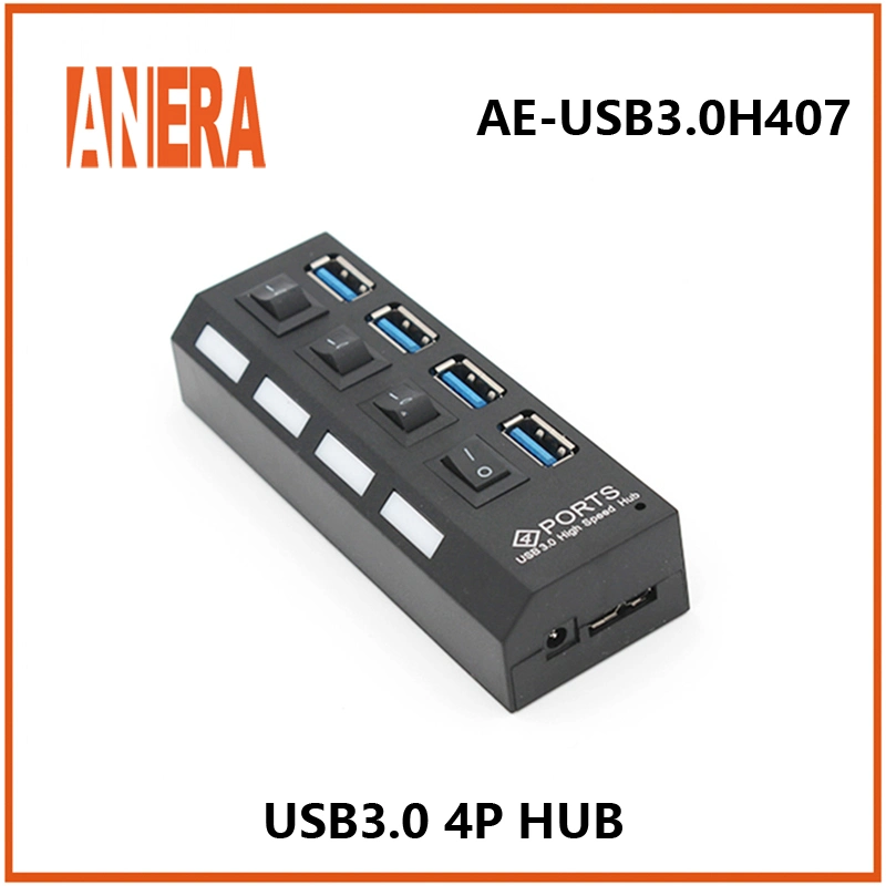 Anera High Speed New Design 4 Ports USB3,0 Hub mit Einzelschalter 5Gbps tragbar kompakt mit Kabel