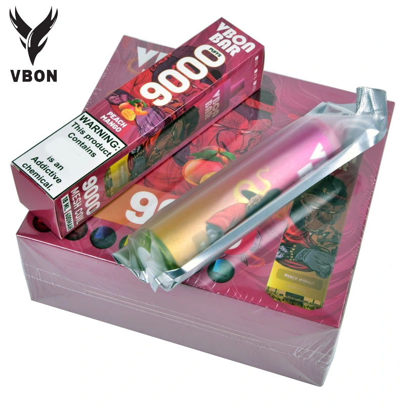 50 Sabores Regulares Original Vbon Bar 9000 9K Puffs Caneta Vape Descartável 2% & 5% Design de Tanque RGB Piscante Recarregável Tipo-C Mini Cigarro Eletrônico Descartável