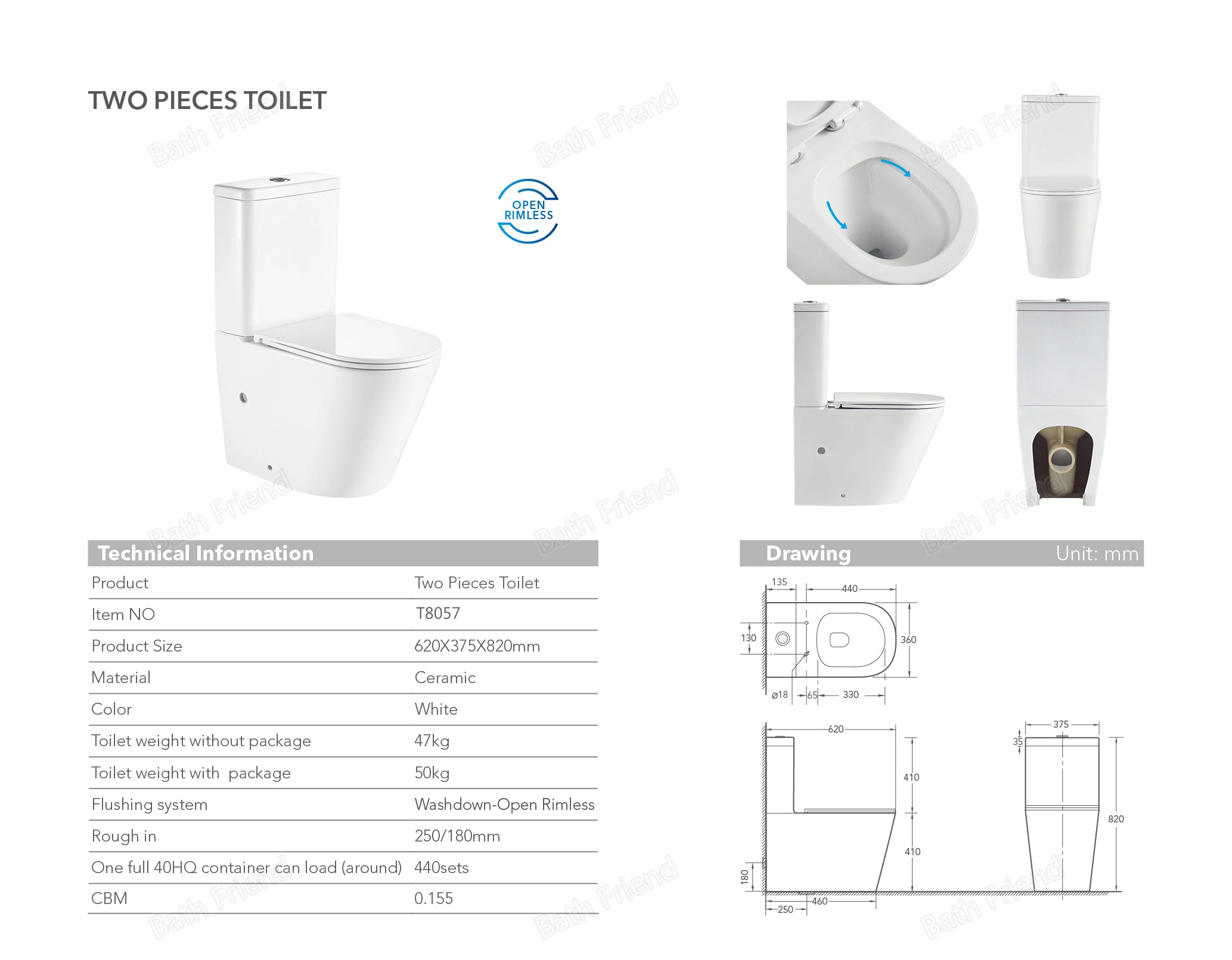 Banheiro principal de design clássico Conjunto completo de vaso sanitário sem borda com bidê de cerâmica e descarga de 3/4.5L.