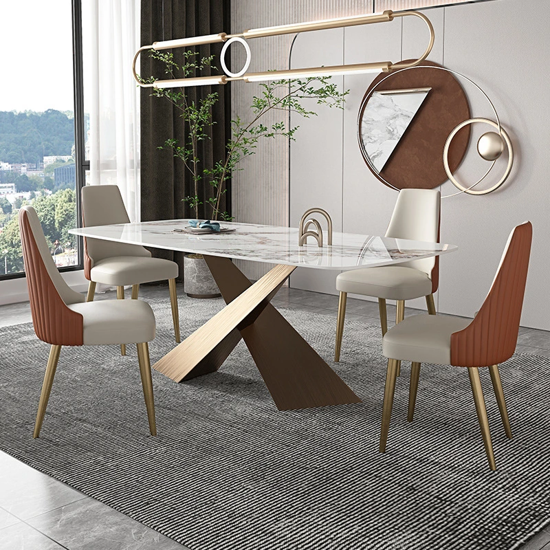 Luxury Modern Home Furniture Rectangle Dining Room Table and Chairs Stainless Steel Italian Marble Dining Table
