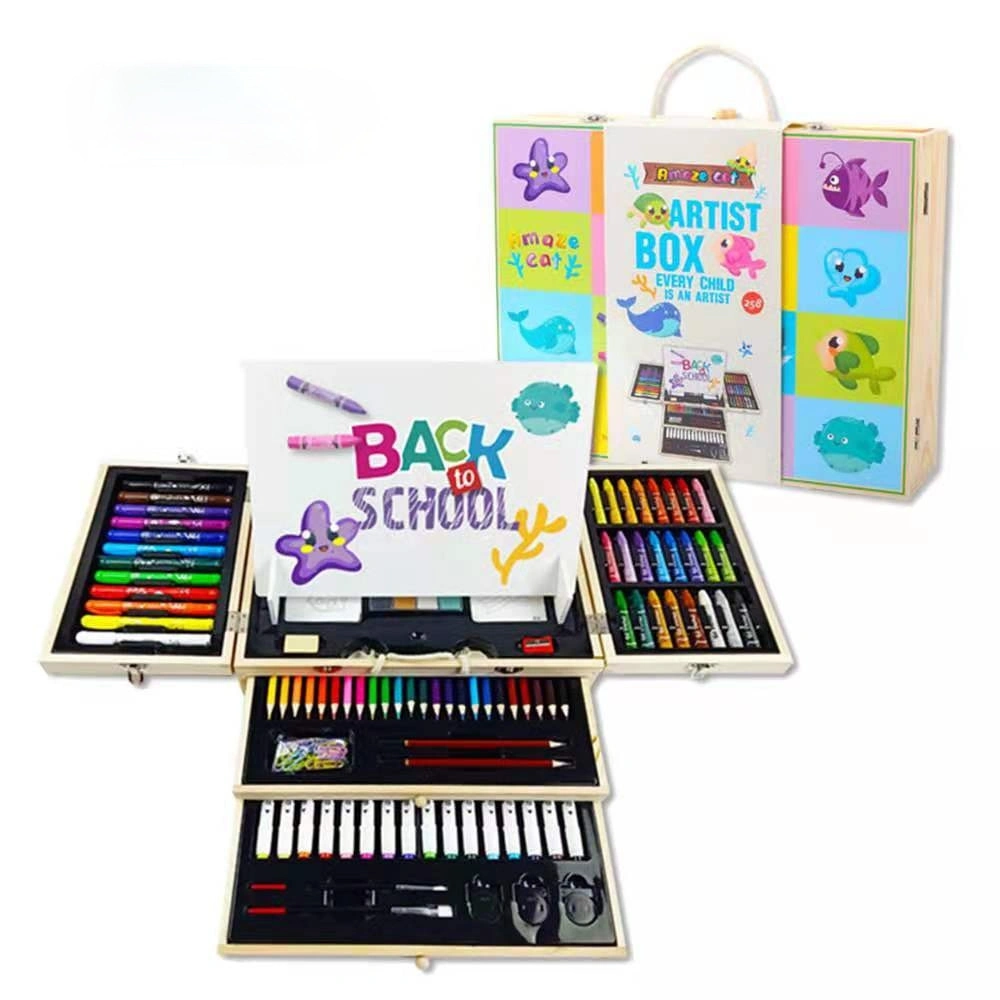 New Wooden Box Painting Set Three Layers Gift Box Portable Pens