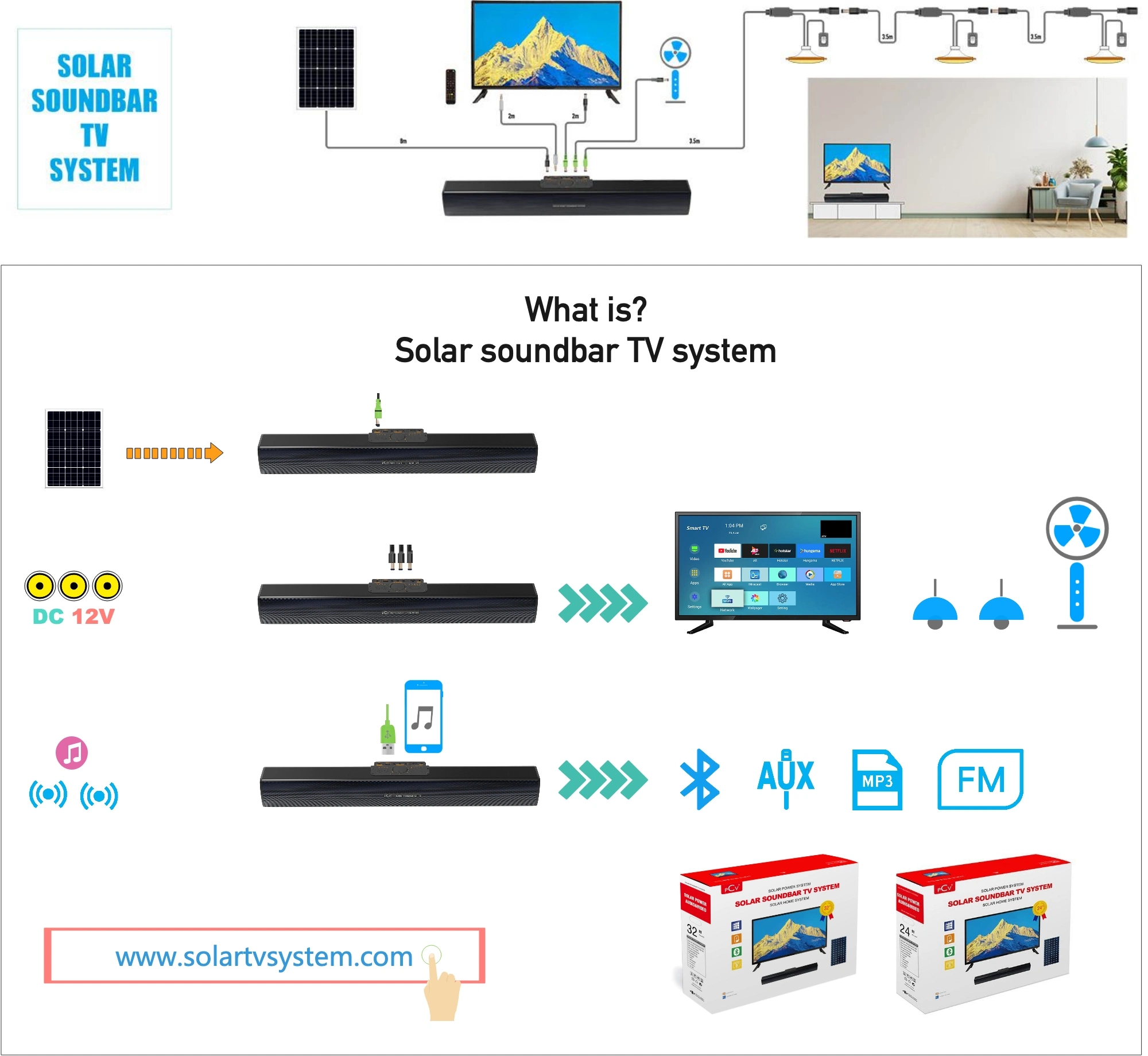 Solar Energy Kit Solar Soundbar TV System 22ah Solar Soundbar +32 Inch Solar TV Solar Home Theatre Suitable for Party Home and Commercial